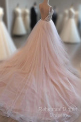 Light Pink Tulle Lace Long Semi Formal Prom Dress, Wedding Dress